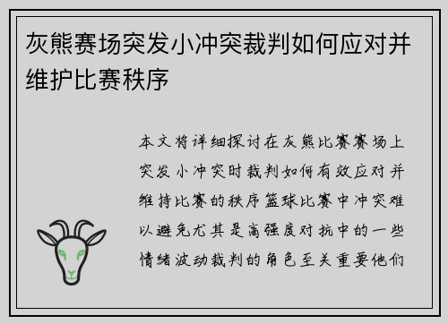 灰熊赛场突发小冲突裁判如何应对并维护比赛秩序