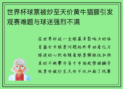 世界杯球票被炒至天价黄牛猖獗引发观赛难题与球迷强烈不满